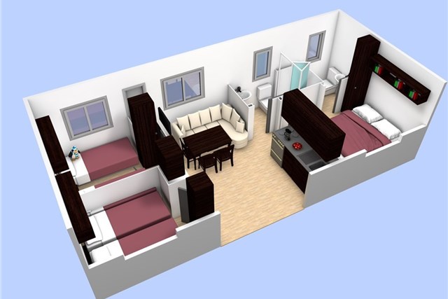 Mobilní domky ADRIATIC KAMP BELVEDERE - tři dvoulůžkové ložnice a denní místnost - M.home 6(+0) P63C