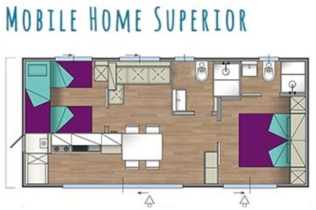 Mobilní domky  a glamping ZATON - dvoulůžková ložnice, třílůžková ložnice a denní místnost - typ - typ M.HOME 5(+2) SUPERIOR
