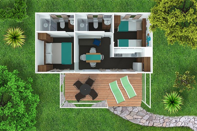 Mobilní domky MARAVEA - dvě dvoulůžkové ložnice a denní místnost - M.HOME 4(+2) MIRAMI PREMIUM