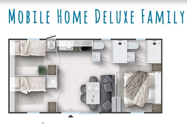 Mobilní domky  a glamping ZATON - dvoulůžková ložnice, dvoulůžkový pokoj a denní místnost - typ M.home 4(+1) DELUXE FAMILY