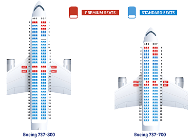 Seating map - Premium seats, Standard seats - Boeing 737-800, Boeing 737-700