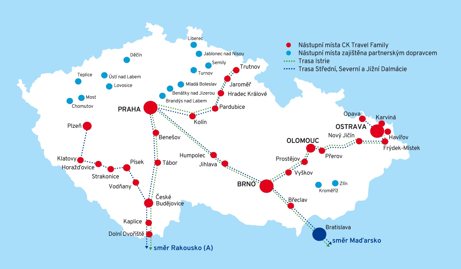 Mapa nástupních míst – Autobusová doprava TRAVEL FAMILY